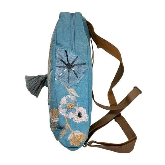 CROSSTREE LANE Floral Embroidered and Sequined Chambray Denim Backpack Purse - Picture 5 of 15